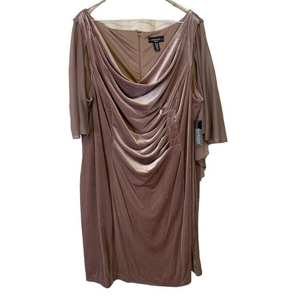 NWT R&M Richards Dress Plus 22W Draped Sleeves $119 Latte Velvet Cocktail Dress - Picture 3 of 13